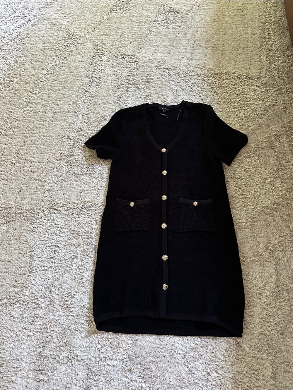 Massimo Dutti Black Short-Sleeve Button Front Dress